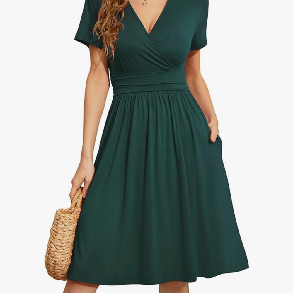 Amazon Green Fit and Flare Midi Dress with V-Neck
